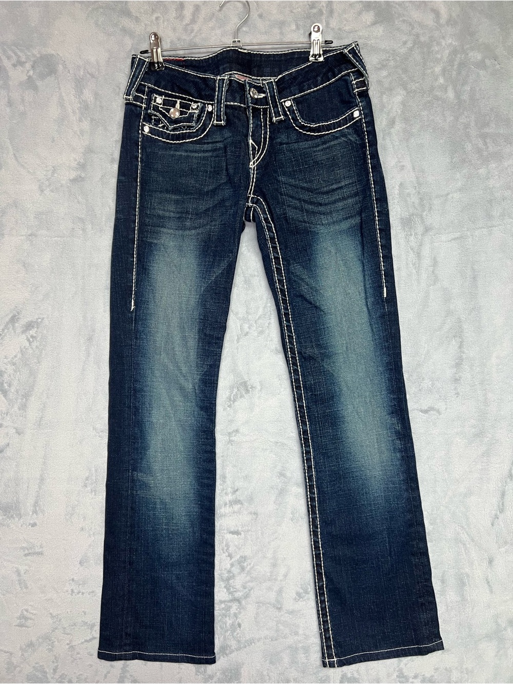 True Religion Billy Big T Disco Dark Wash Jeans Womens 26 Swarovski Crystal Flap